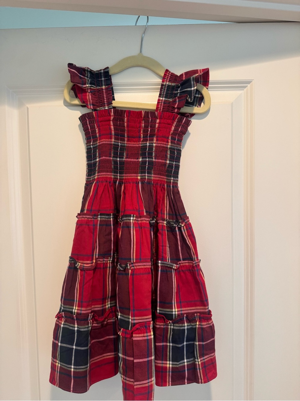Hill House Red and Navy Plaid Ruffle-Shoulder Dress